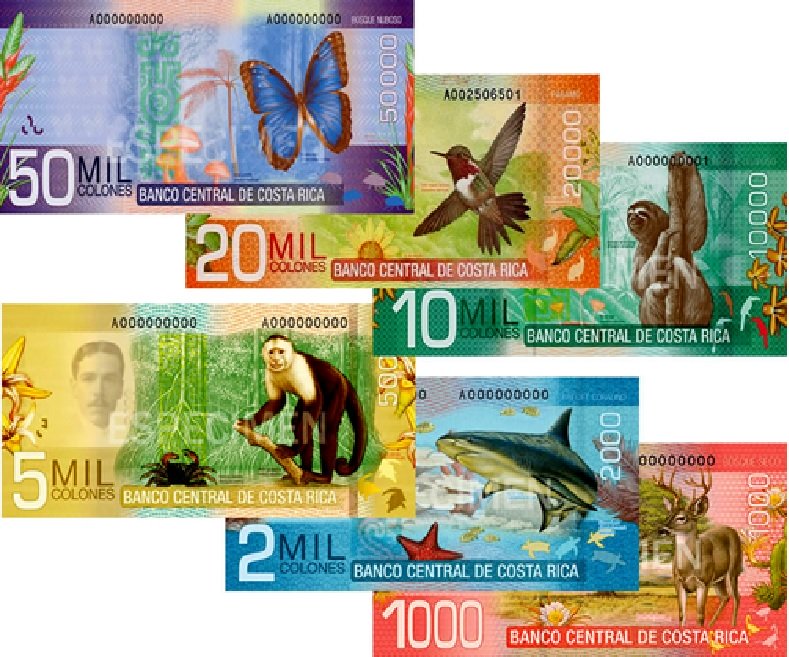 Colorful Costa Rican currency--the more it’s worth, the bigger the bill.